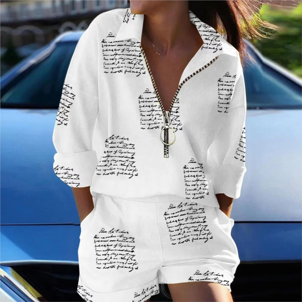 Camicie con stampa di lettere da donna estive Set da due pezzi Casual Collo rovesciato Manica lunga Camicette con cerniera Pantaloncini Abiti larghi Streetwear