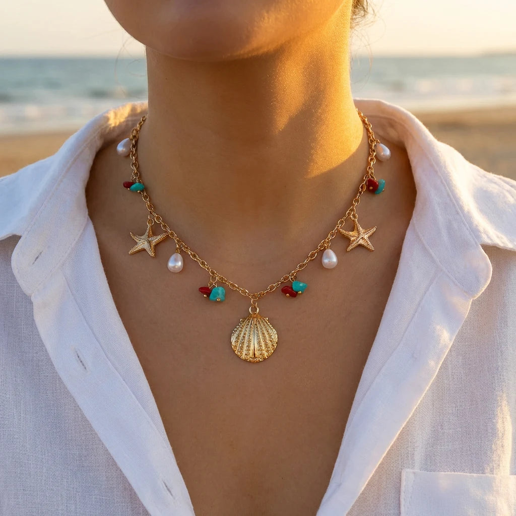 Collier coquillage pour femmes, design de mode, étoile de mer, perle, pendentifs multiples, chaîne clavicule, bijoux d'été