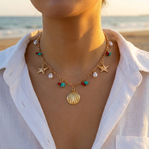 Collier coquillage pour femmes, design de mode, étoile de mer, perle, pendentifs multiples, chaîne clavicule, bijoux d'été