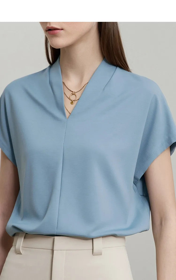 AMII Minimalism 2026 T-shirt Estiva da Donna Stile Classico Casual Scollo a V Manica Corta Tinta Unita Elasticizzata Top e Magliette Femminili 12312013