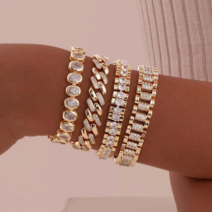 Bracciale a catena con graffetta Cinturino per orologio con zirconi placcati in oro 14 carati Collegamento grosso Gioielli impilabili regolabili per regalo per ragazza da donna