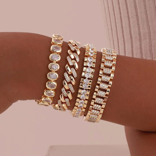 Bracciale a catena con graffetta Cinturino per orologio con zirconi placcati in oro 14 carati Collegamento grosso Gioielli impilabili regolabili per regalo per ragazza da donna