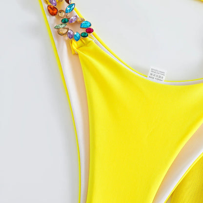 Bikini Giallo Sexy con Strass 2026, Costume da Bagno Femminile, Set Bikini Brasiliano, Abbigliamento da Spiaggia
