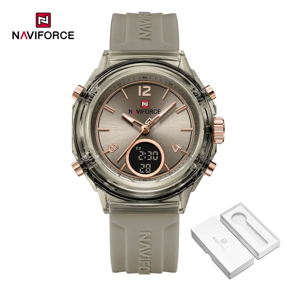 NAVIFORCE Orologio da donna di lusso Orologio sportivo all'aria aperta in oro Orologi impermeabili Doppio display dell'ora Orologi da polso al quarzo Orologio digitale in gomma