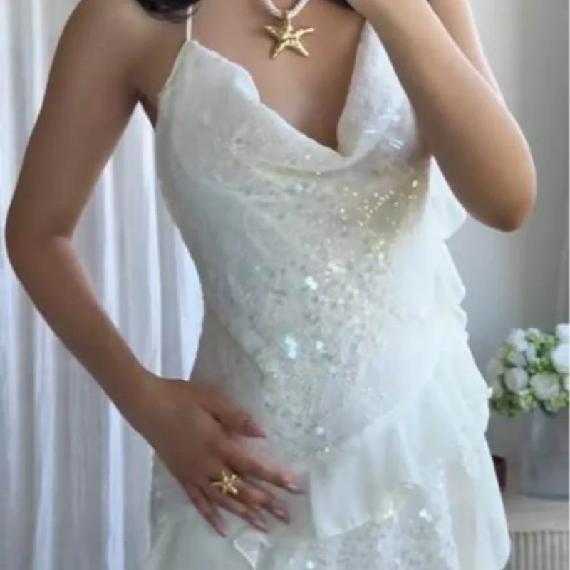 Sexy paillettes volant mini abito fionda donna solido scollo a V senza maniche backless abiti a trapezio 2025 estate signora chic abiti da festa