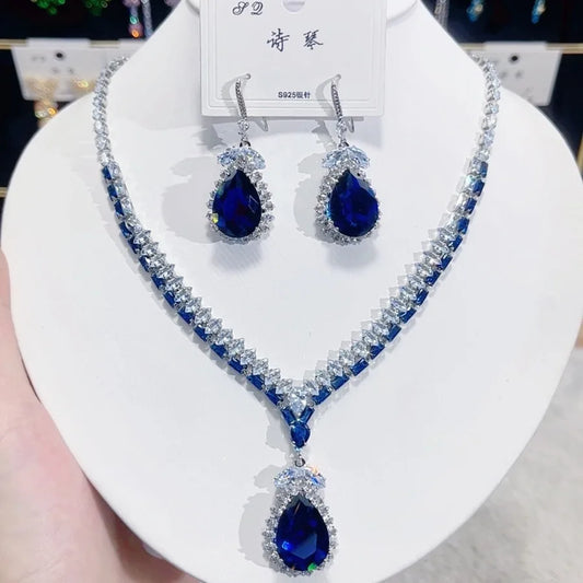 Ensemble Collier Boucles d'Oreilles de Luxe Gouttes Bleues Zircon Tendance Mode Féminine 2025