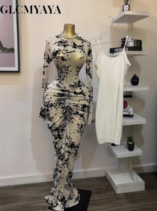 CM.YAYA Abito lungo aderente da donna a maniche lunghe in rete increspata trasparente con fodera 2025 Abiti da festa sexy per compleanno da sera autunnale