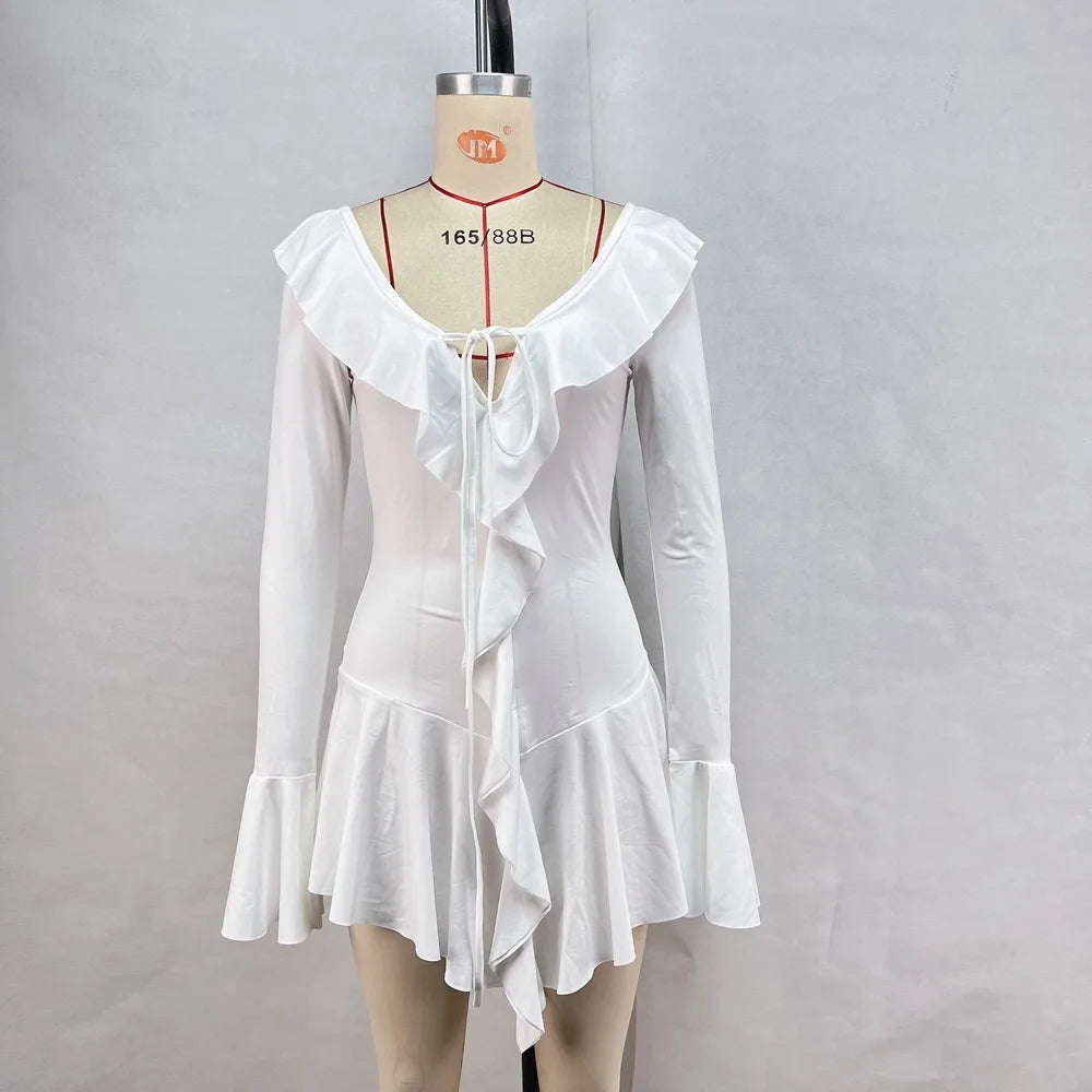 Abito corto sexy con volant patchwork bianco nero Abito corto da donna con maniche lunghe svasate con lacci Mini abiti da festa da sera Donna Blu Rosa Rosso