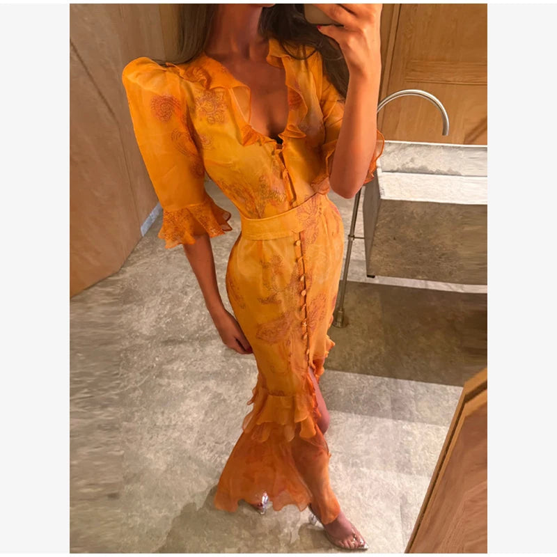 Elegante Abito Stampato con Inserti in Pizzo da Donna, Scollo a V Profondo, Mezza Manica, Vita Stretta, Spacco, Vestito Midi 2026, Abito da Festa per Donna