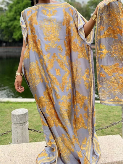 Di lusso Morbido Stampa Musulmana Abaya Donne Maniche Corte Imitato Raso di Seta Abito Lungo Allentato Femme Robe Islam Abiti Con Hijab