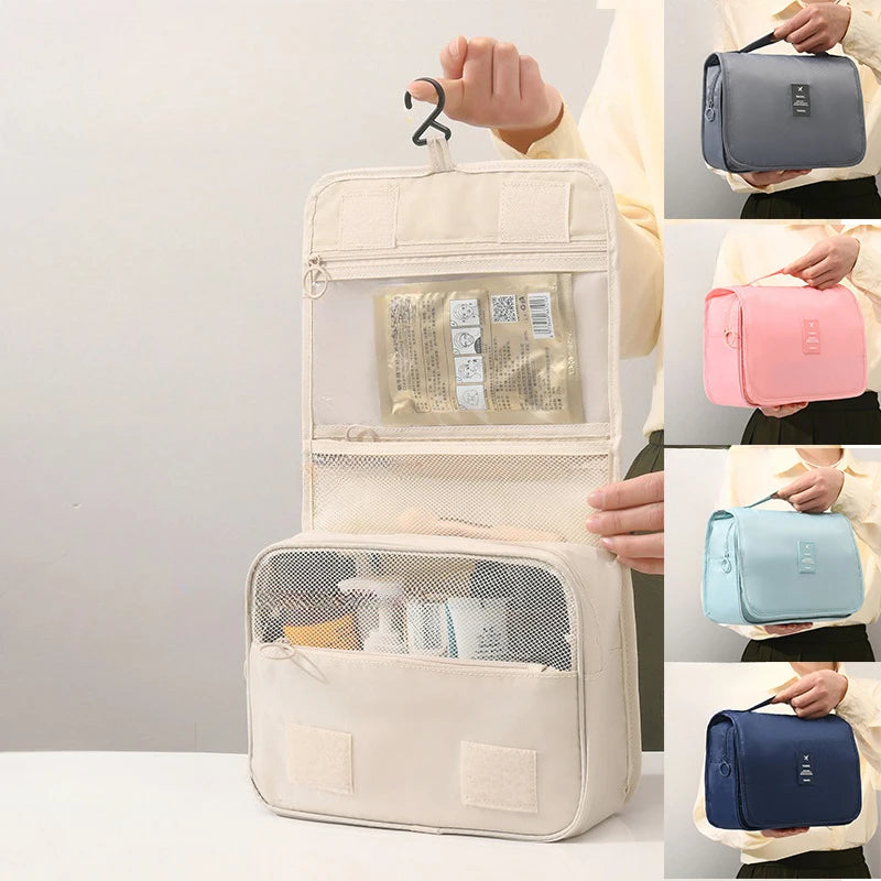 Borsa da Toilette Portatile con Gancio, Multifunzionale, Impermeabile, Resistente all'Usura, Multi-Strato, Grande Capacità, per Trucchi