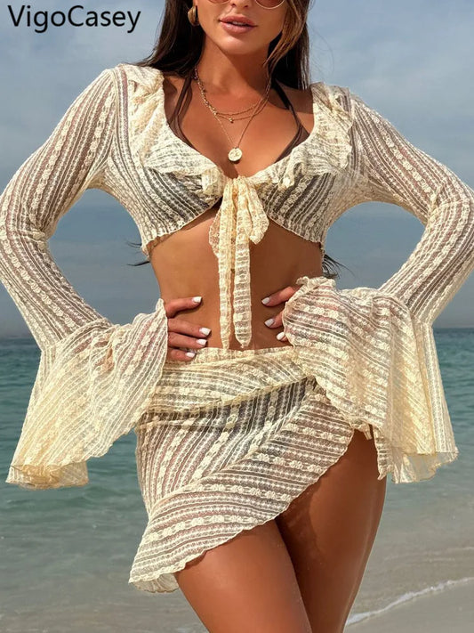 VigoCasey Sexy Set Bikini a 4 Pezzi in Rete con Copricostume, Costume da Bagno Donna 2026 con Halter Annodato e Push-Up, Costume da Spiaggia per Donna
