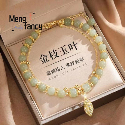 Bracciale con foglie di giada con ramo dorato di diaspro naturale di Hetian, squisito regalo di festa più venduto per gioielli di moda per ragazze sexy