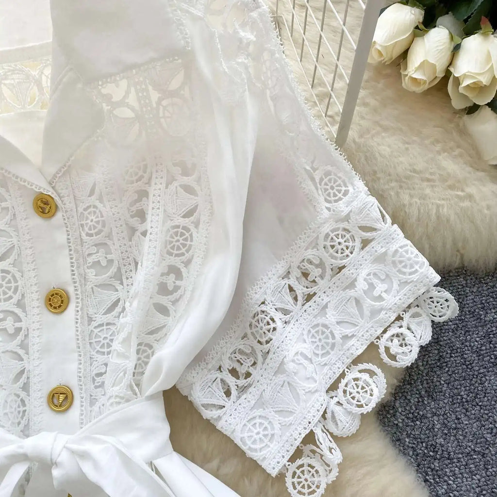 Abiti midi scavati di lusso Camicia da donna Vacanza estiva Elegante bottone monopetto Cintura in pizzo Ricamo Vestido lungo da festa