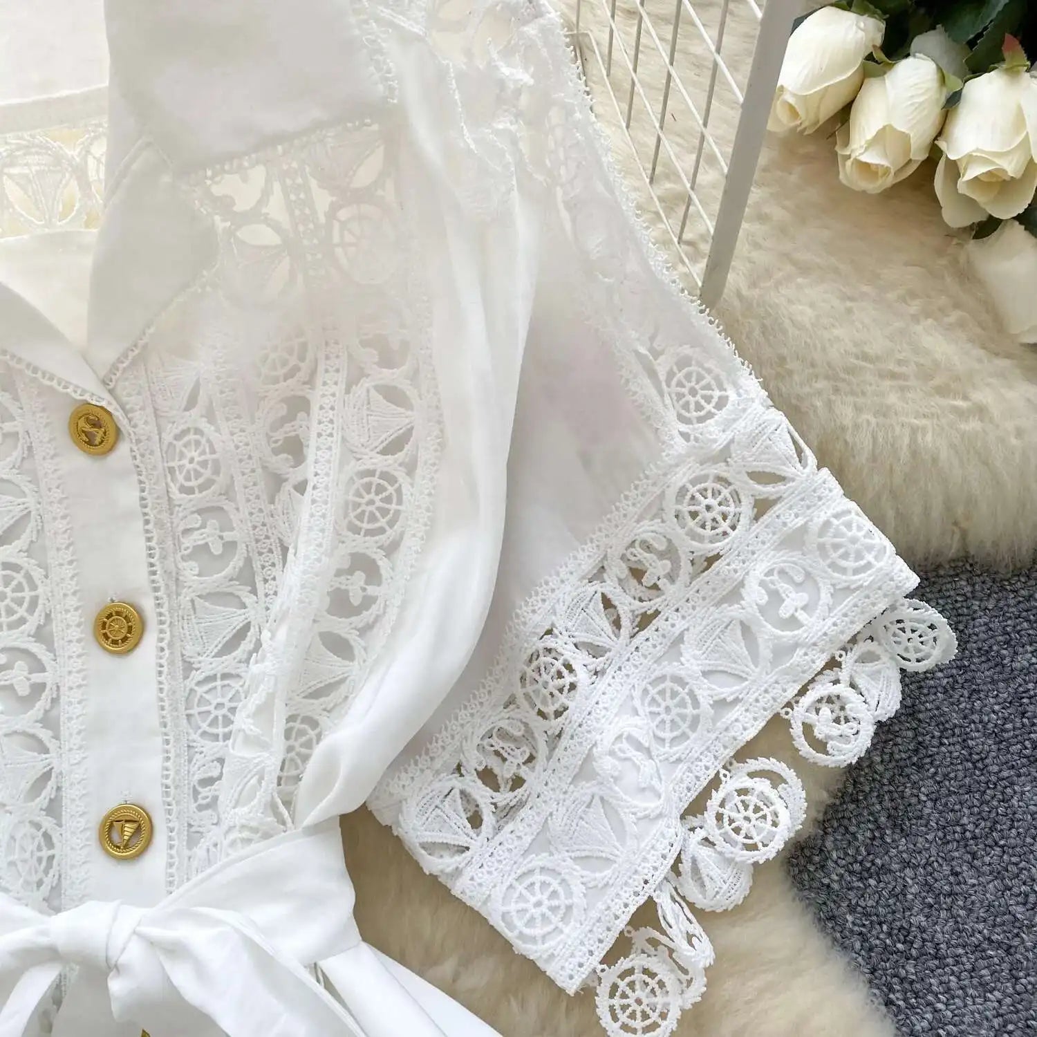 Abiti midi scavati di lusso Camicia da donna Vacanza estiva Elegante bottone monopetto Cintura in pizzo Ricamo Vestido lungo da festa