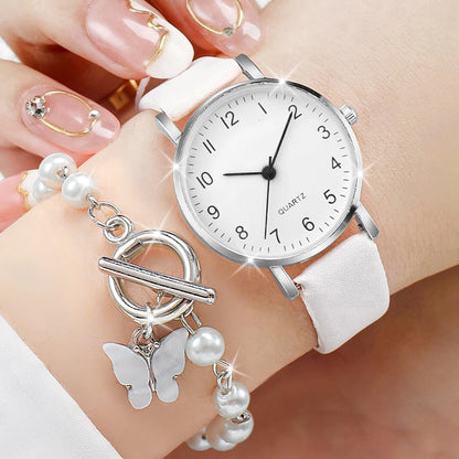 2 pz/set orologio da donna moda piccolo quadrante arabo cinturino in pelle orologi al quarzo perle Set di braccialetti a farfalla (senza scatola)
