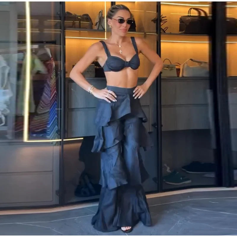 Eleganti Pantaloni a Zampa da Donna con Volant a Cascata in Chiffon a Vita Alta, Neri, Estivi 2026, Versatili, Nuovi