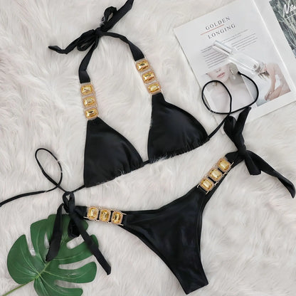2025 Costume da bagno da donna in 2 pezzi con stringhe di strass e bikini sexy da spiaggia