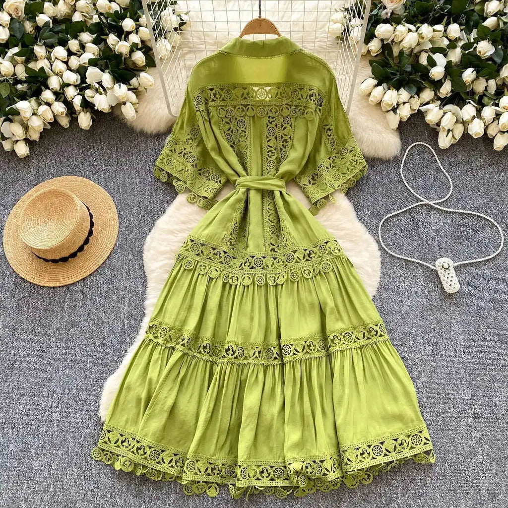 Abiti midi scavati di lusso Camicia da donna Vacanza estiva Elegante bottone monopetto Cintura in pizzo Ricamo Vestido lungo da festa