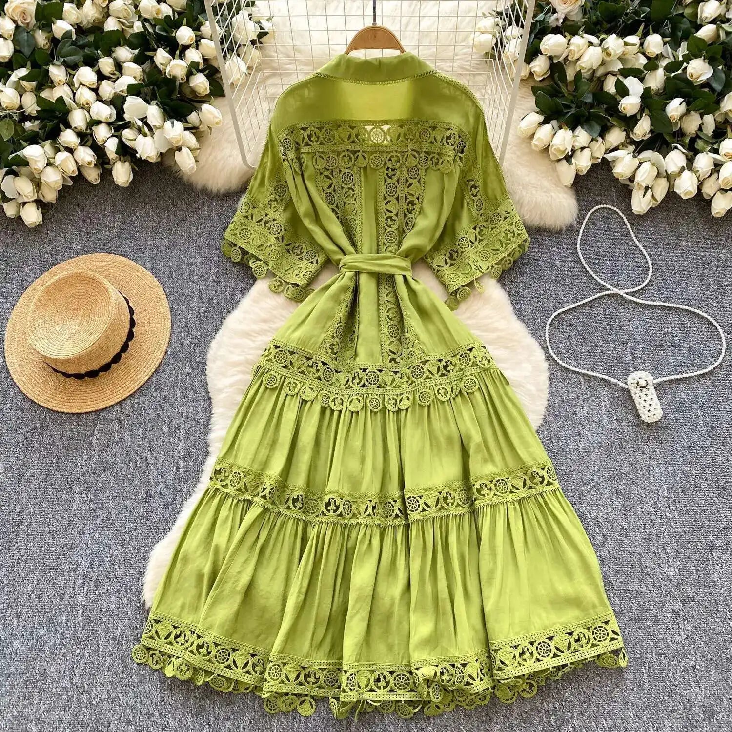 Abiti midi scavati di lusso Camicia da donna Vacanza estiva Elegante bottone monopetto Cintura in pizzo Ricamo Vestido lungo da festa