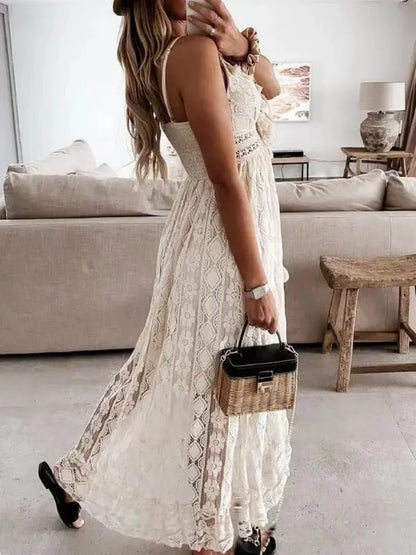 Abito lungo da donna senza maniche in pizzo sexy per le vacanze al mare alla moda estiva con scollo a V scava fuori abiti eleganti larghi