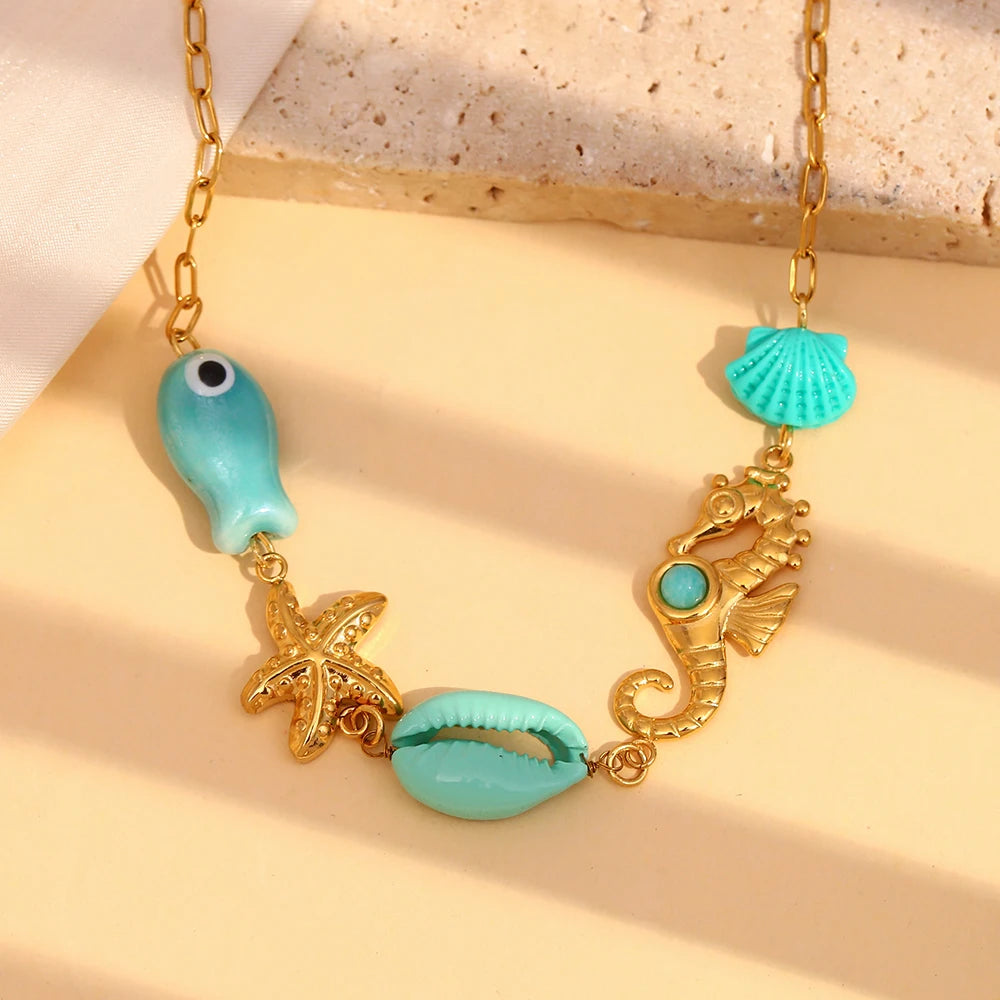 E.B.belle Vacances d'été Poisson bleu Étoile de mer Hippocampe Coquillage Pendentif Collier Acier inoxydable plaqué or Bijoux pour femmes