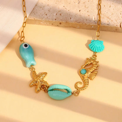 E.B.belle Vacances d'été Poisson bleu Étoile de mer Hippocampe Coquillage Pendentif Collier Acier inoxydable plaqué or Bijoux pour femmes