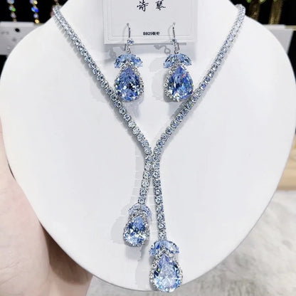 Ensemble Collier Boucles d'Oreilles de Luxe Gouttes Bleues Zircon Tendance Mode Féminine 2025