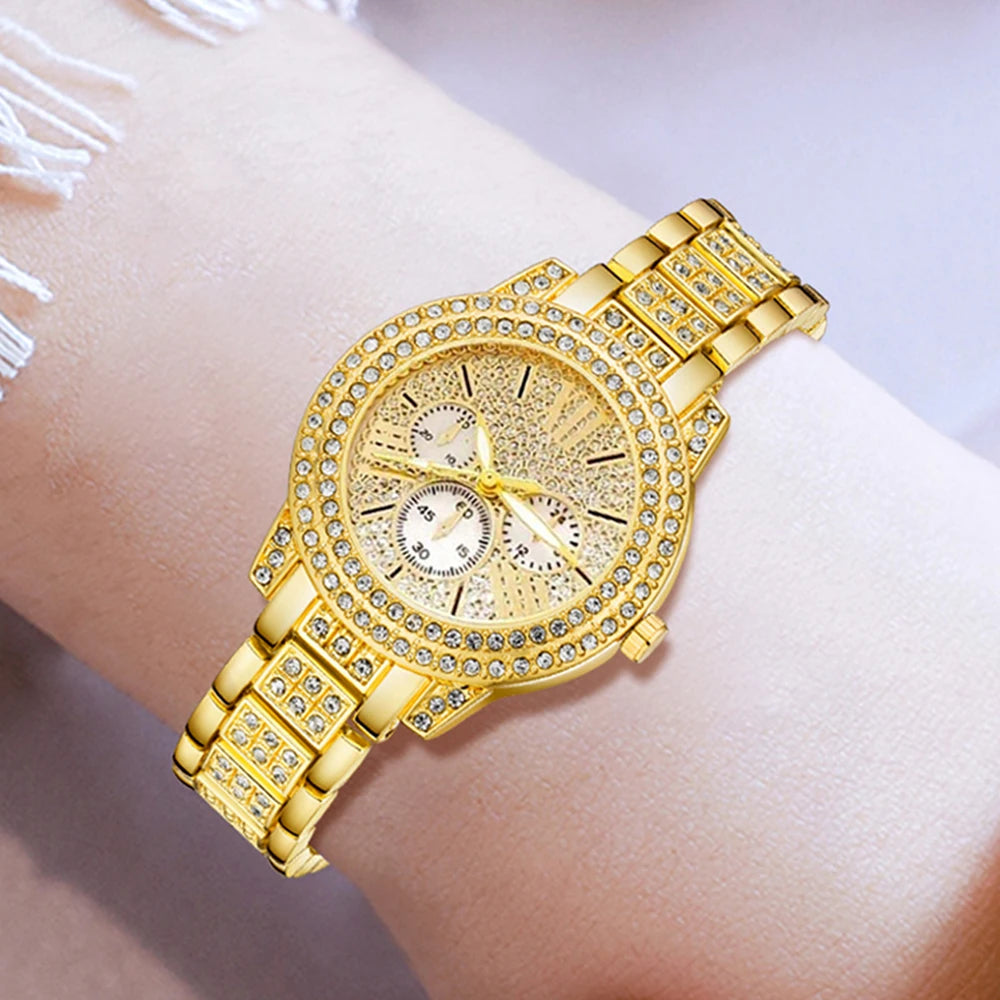 Montre à quartz pour femmes, bracelet de luxe en or, collier, boucles d'oreilles, strass, montre-bracelet tendance, montres décontractées pour dames, ensemble de bijoux