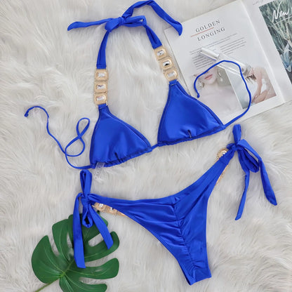 2025 Costume da bagno da donna in 2 pezzi con stringhe di strass e bikini sexy da spiaggia