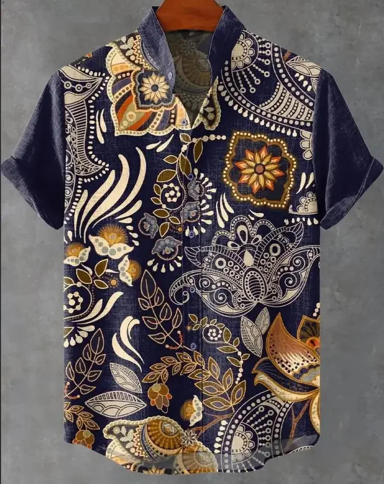 Camicia a maniche corte stampata da uomo estiva Camicia di lino vintage Festival da uomo Casual Manica corta Top Street Trend Consegna veloce