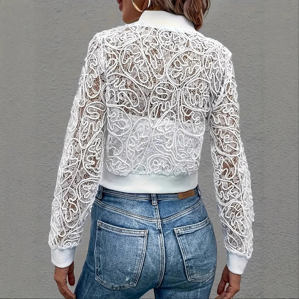 Cappotto corto con cerniera in pizzo bianco stile europeo e americano, top cardigan sottile cavo alla moda, nuovo in primavera e autunno