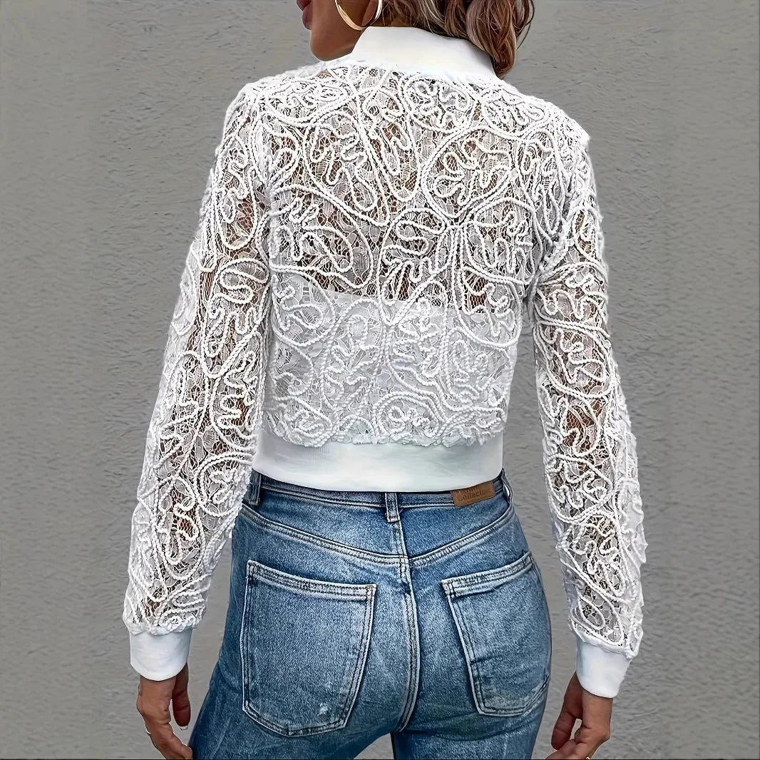 Cappotto corto con cerniera in pizzo bianco stile europeo e americano, top cardigan sottile cavo alla moda, nuovo in primavera e autunno