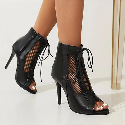 Fashion Summer Jazz Dance Shoes Peep Toe Ankle Boots For Women Sexy High Heels Lace-up Black White Sandals Female