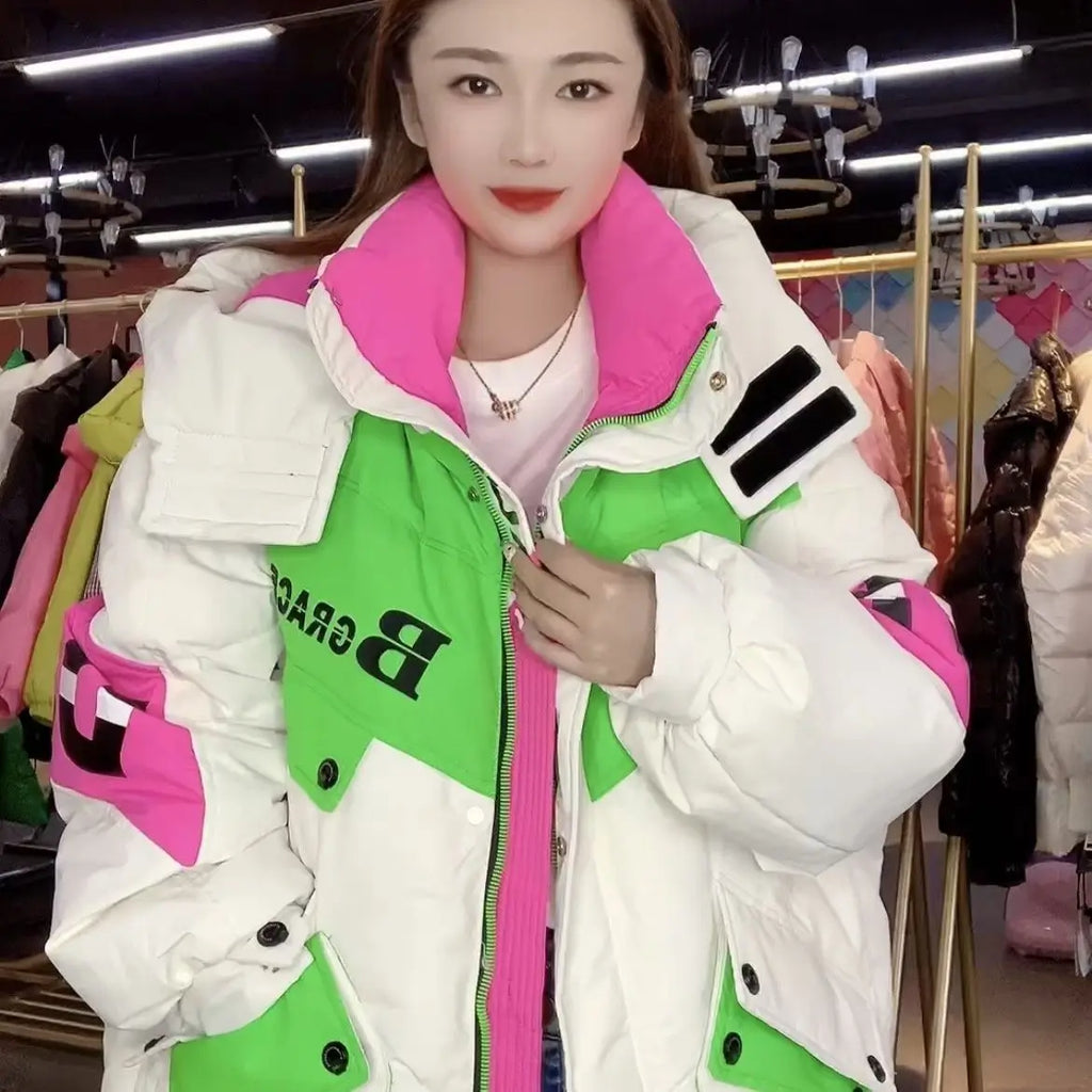 Caldo inverno piumino giacche donna Parka con cappuccio abbigliamento invernale cappotto da neve Casual spessa piumino corto brillante Streetwear