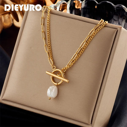 DIEYURO Acciaio Inossidabile 316L OT Chiusura Grande Collana con Ciondolo di Perle Per Le Donne Nuove Ragazze Catena a 2 Strati Gioielli Regali Del Partito Bijoux