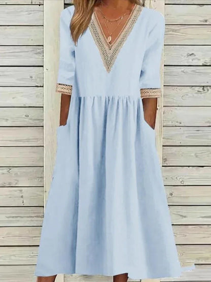 Abito Estivo da Donna 2026 Nuovo in Cotone e Lino a Mezza Manica con Scollo a V, Vestito Casual Chic Vintage con Inserti, Vestito Midi Ampio