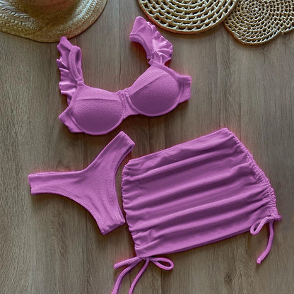 Costume da bagno a vita bassa in tessuto ondulato solido copricostume per donna costume da bagno Push Up con volant a tre pezzi 2023 costumi da bagno da spiaggia