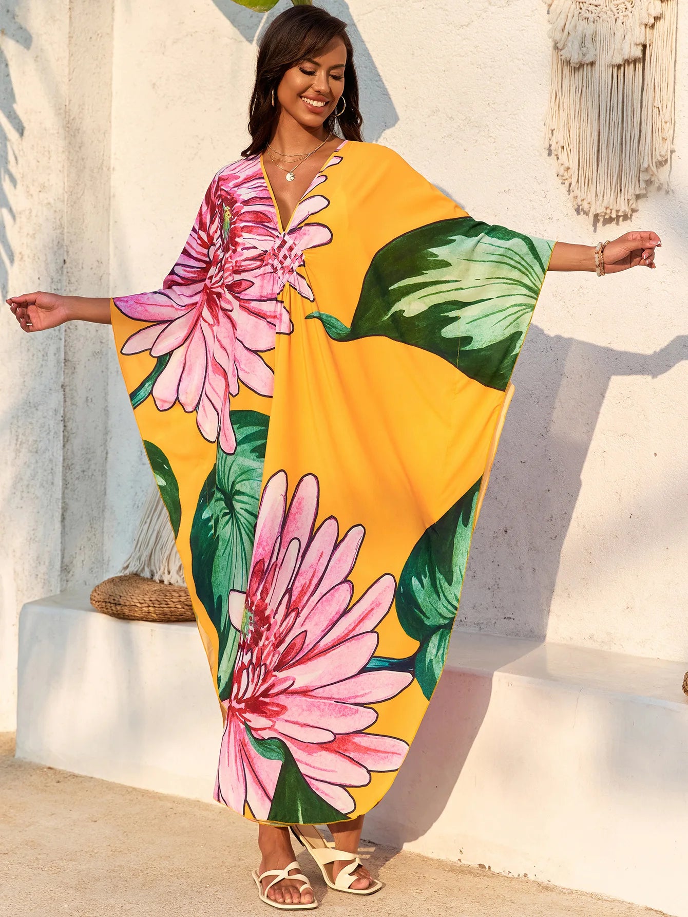 Abiti caftano da donna con stampa floreale taglie forti Costume da bagno taglie forti Copricostume estivo Abito da spiaggia caftano loungewear