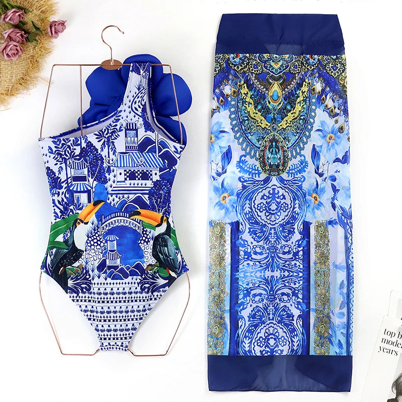Costume da bagno floreale con stampa floreale con volant monospalla blu Set copricostume singolo micro monokini costumi da bagno sexy per ragazze Summer Beach