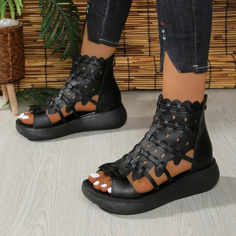 Estate nuova piattaforma in pelle retrò traspirante sandali romani scarpe da donna estate etnica con zeppa stivali rinfrescanti sandali Femmes