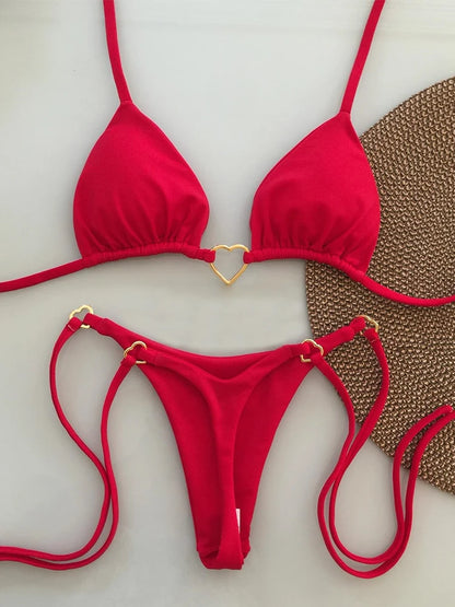 Sexy Low-Waist Bikini Set for Women Summer Solid Color Tie-Front Swimsuit with Padded Top for Beach Vacation