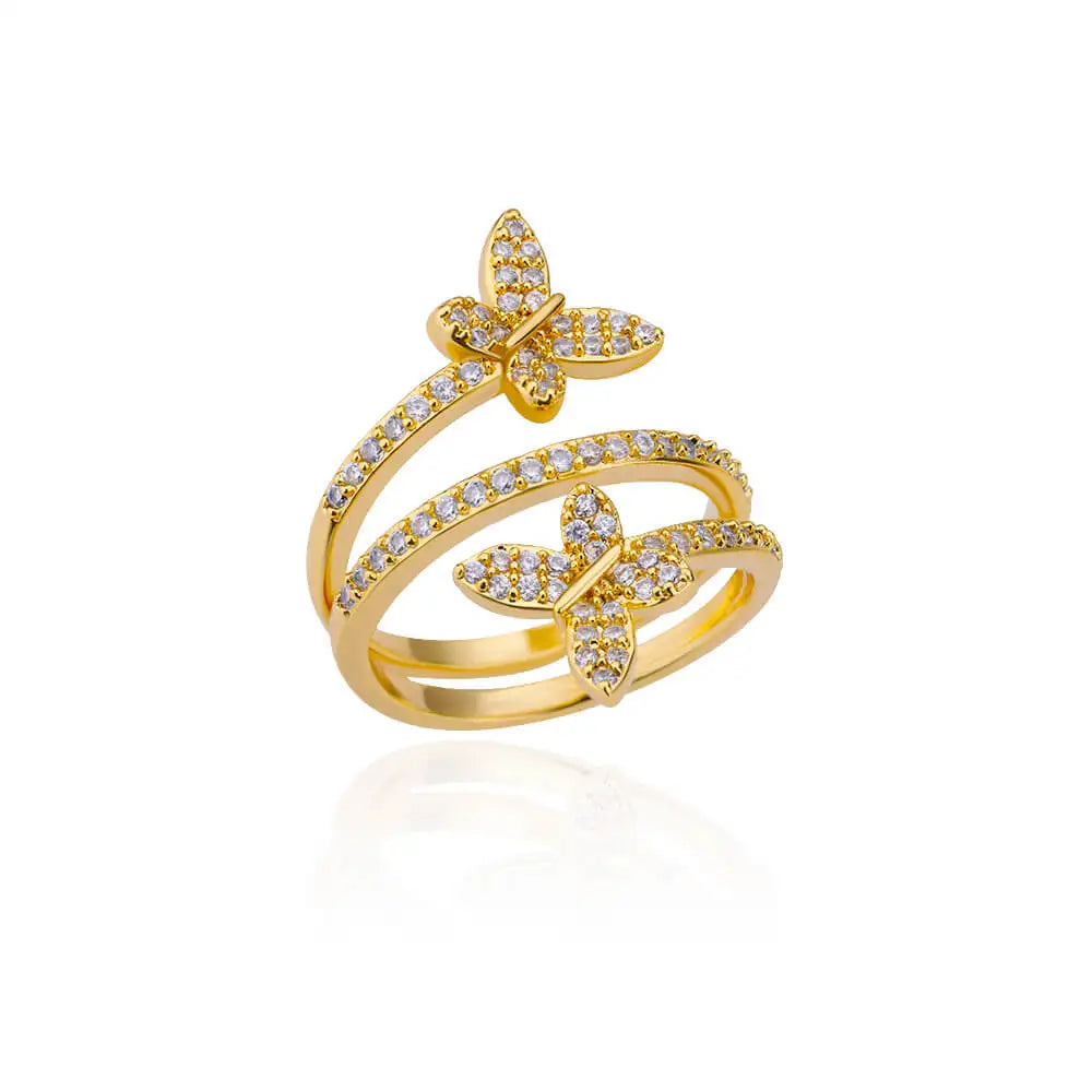 Anelli a doppia farfalla con zirconi per donna Anello multistrato aperto color oro in acciaio inossidabile Gioielli per festa di nozze di moda 2024 Nuovo