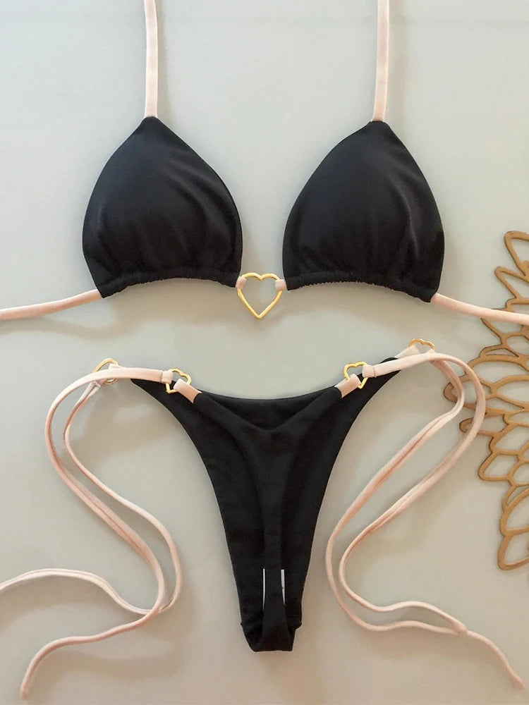 Sexy Low-Waist Bikini Set for Women Summer Solid Color Tie-Front Swimsuit with Padded Top for Beach Vacation
