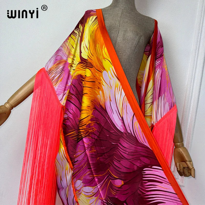 WINYI summer kimono boho summer dress beachwear bohemian print Bikini Cover-up Cardigan sexy Holiday long Sleeve tassels dress