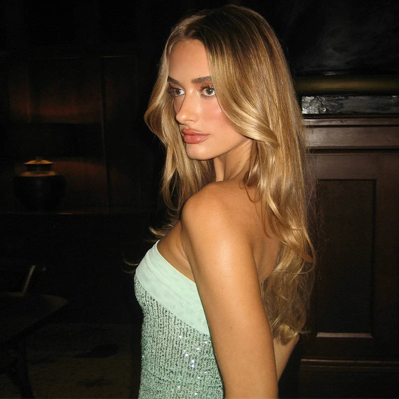 Abito da festa lungo senza schienale senza maniche con paillettes chic Abiti lunghi con spalle scoperte alla moda per le donne 2025 Nuovo pacchetto sui fianchi Abiti slim