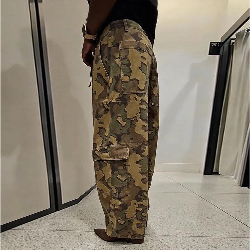 Pantaloni da donna con stampa mimetica, vita con coulisse, gamba larga, taglio ampio, orlo con coulisse, vestibilità comoda, pantaloni casual, streetwear, nuova moda 2026