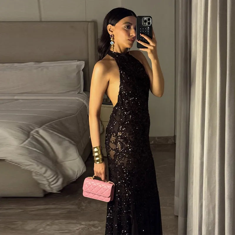 Sexy profondo scollo a V patchwork di pizzo con paillettes abito lungo da donna sottile senza maniche backless hip pacchetto abiti 2026 primavera abito da festa della signora