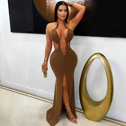 Beyprern New Chic Halter Scollo a V O Rings Abito lungo maxi Glam Donna Sexy Backless Increspato Abiti da festa con spacco alto Abiti di compleanno