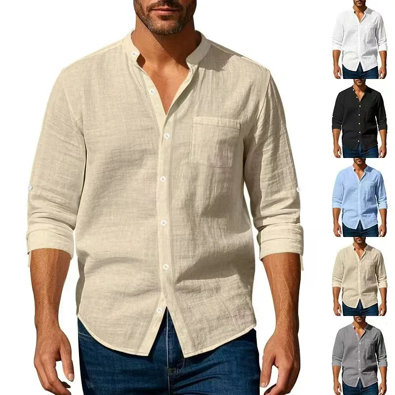 Camicia in cotone e lino da uomo, collo Henley, tinta unita, leggera, traspirante, vestibilità slim, abbottonatura singola, maniche lunghe.